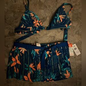 Dark blue bikini set with orange flower design